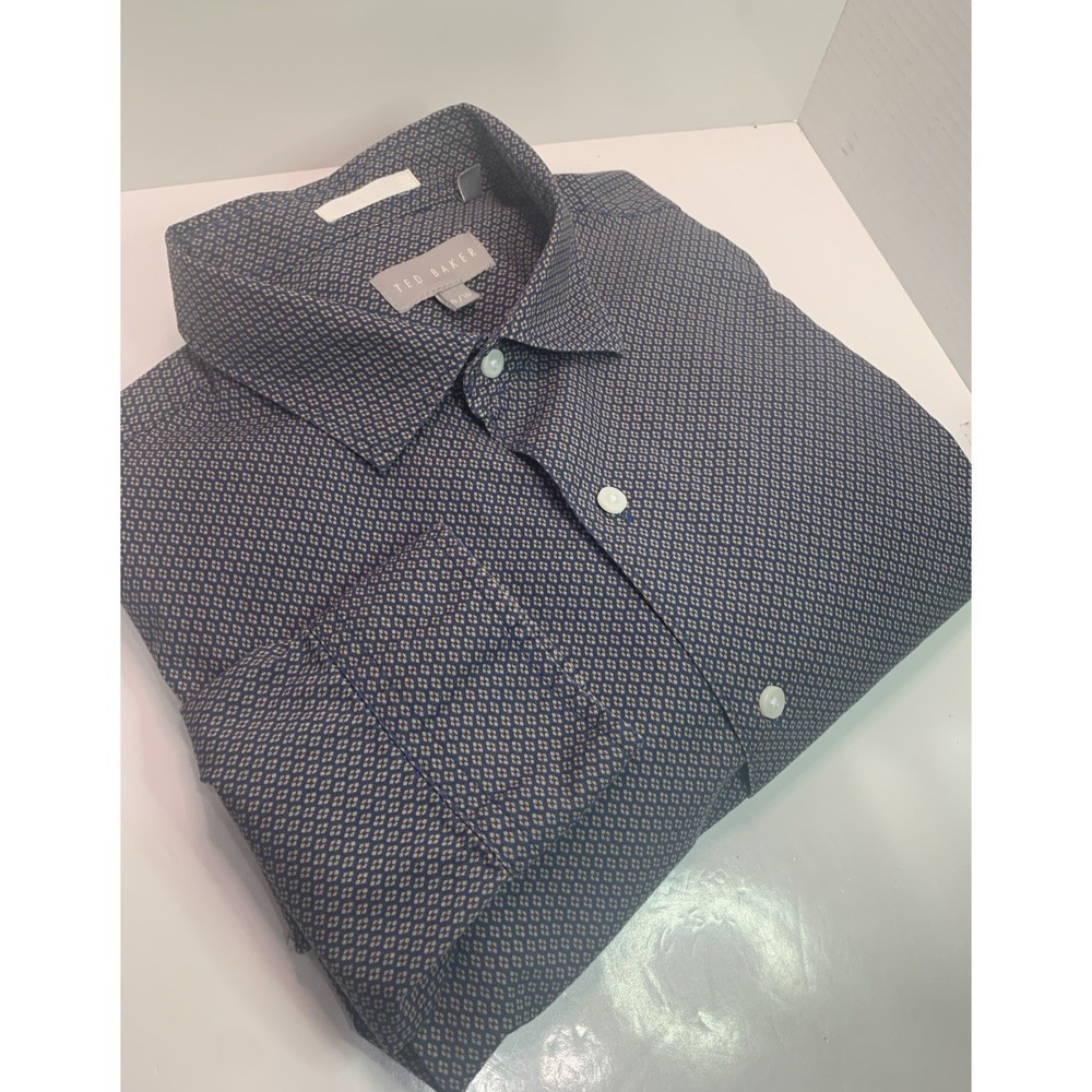 Ted Baker Long Sleeve Button Up Shirt Men's XL  Geometric Pattern Blue & Tan
